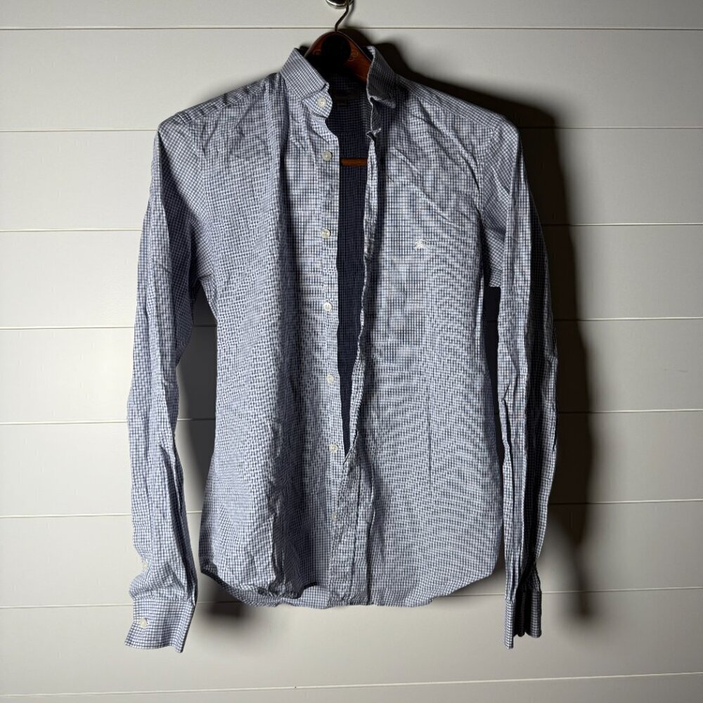 Burberry London Shirt 15-38 Long Sleeve Button Down Gingham Blue & White Preppy